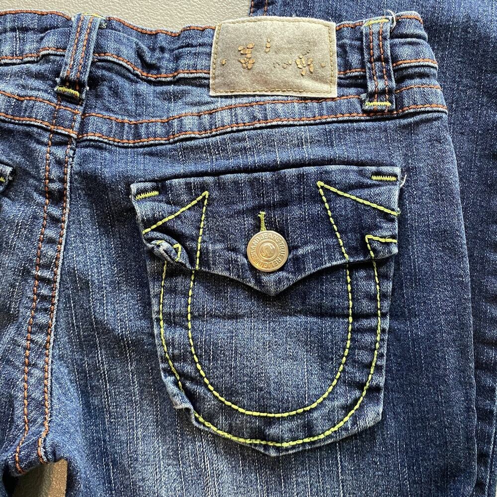 True Religion Womens Size 30 x 28.5" Low rise Blue Denim Jeans y2k embroidered